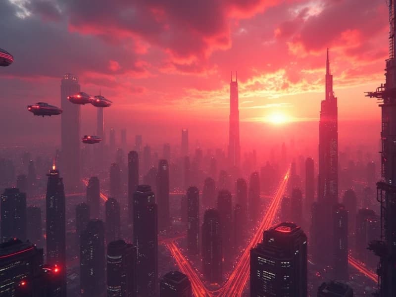 Futuristic cityscape with flying cars