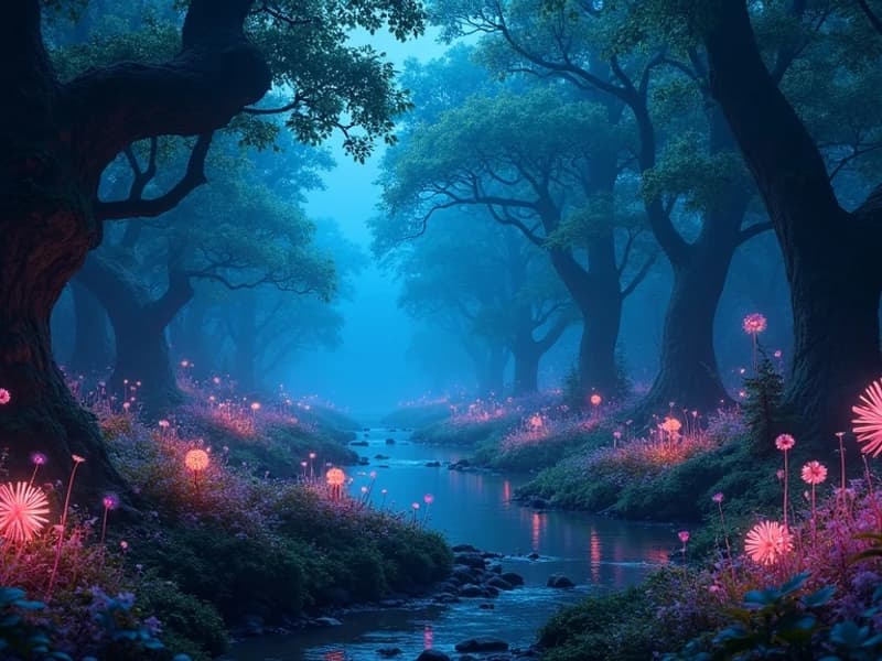 Enchanted forest with bioluminescent plants