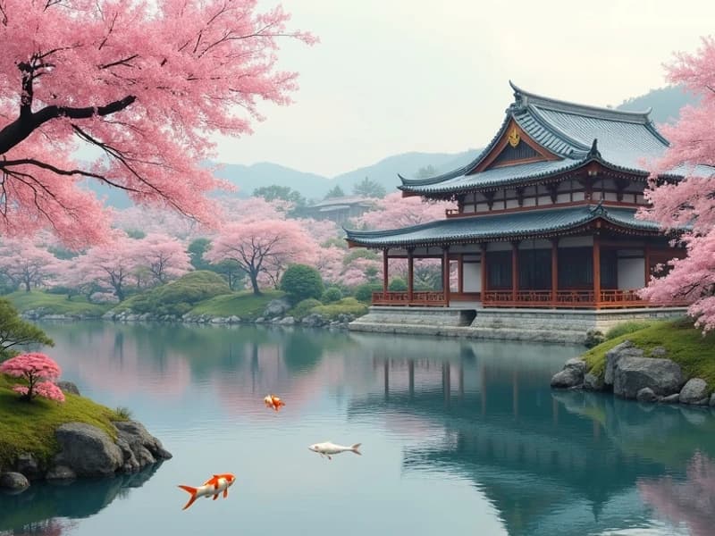 Serene Japanese garden with cherry blossoms